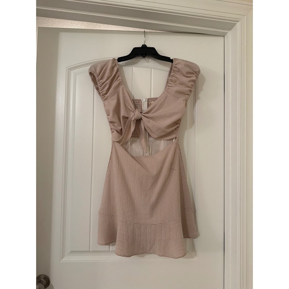 Altar'd State Gingham Tie Front Cutout Mini Dress Tan White Small